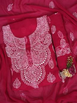 ADA - Lucknowi Chikankari Magenta Georgette Unstitched Kurta and Pant with Dupatta