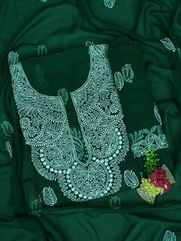 ADA - Lucknowi Chikankari Bottle Green Georgette Unstitched Kurta and Pant with Dupatta