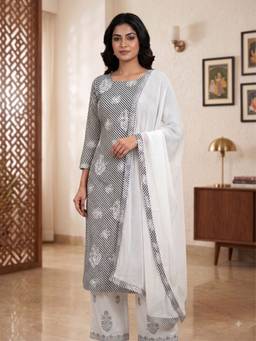 ADA - Lucknowi Chikankari Black Cotton Unstitched Kurta and Pant with Dupatta