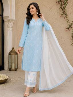 ADA - Lucknowi Chikankari Blue Cotton Unstitched Kurta and Pant with Dupatta