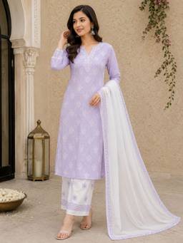 ADA - Lucknowi Chikankari Mauve Cotton Unstitched Kurta and Pant with Dupatta