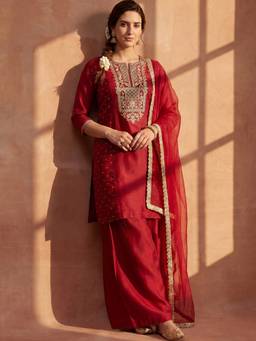 AVANSHEE - Women Red Chanderi Embroidered Kurta with Pant and Dupatta