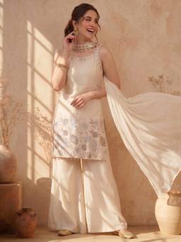 AVANSHEE - Women Off White Silk Blend Embroidered Kurta with Pant and Dupatta