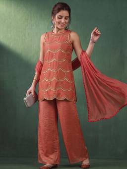 AVANSHEE - Women Orange Silk Blend Embroidered Kurta with Pant and Dupatta