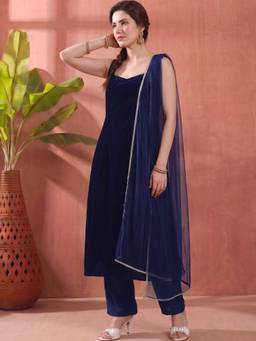 AVANSHEE - Women Navy Blue Velvet Solid Kurta with Pant and Dupatta