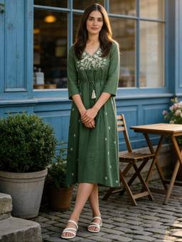 Rangita - Green Cotton Embroidered Flared Dress