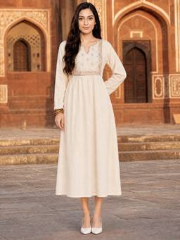 Rangita - White Poly Viscose Embroidered Empire Dress