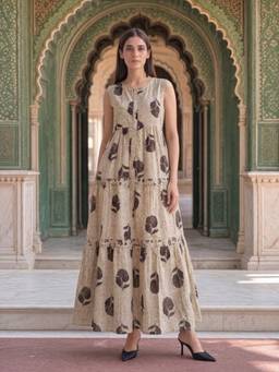 Rangita - Beige Cotton Floral Block Print Tiered Dress