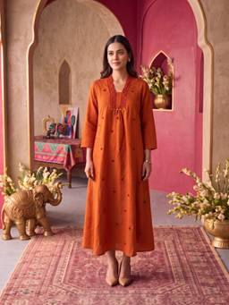 Rangita - Rust Cotton Embroidered A-Line Dress