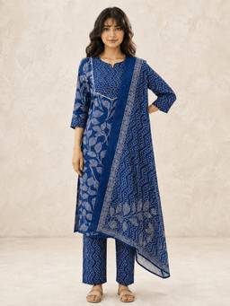 Vbuyz - Blue Printed Cotton Kurta and Pant with Dupatta