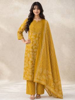 Vbuyz - Yellow Printed Cotton Kurta and Pant with Dupatta