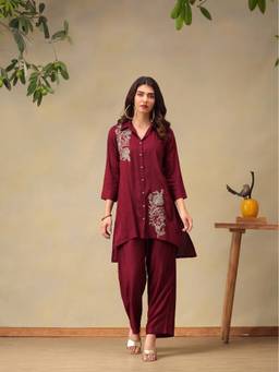 Bani Women - Maroon Floral Embroidered Kurti and Palazzo