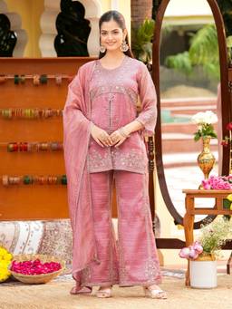 Colors Of Earth - Women Pink Embroidered Silk Kurti With Palazzo And Dupatta