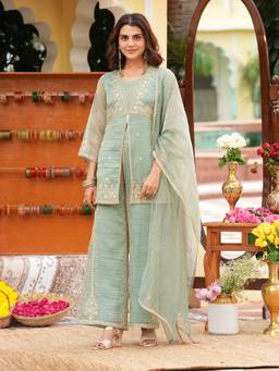 Colors Of Earth - Women Green Embroidered Silk Kurti With Palazzo And Dupatta