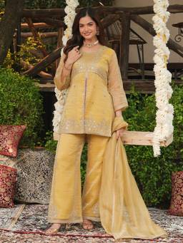 Colors Of Earth - Women Yellow Embroidered Silk Kurti With Palazzo And Dupatta