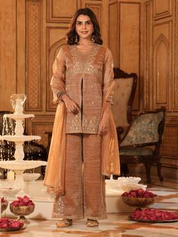 Colors Of Earth - Women Brown Embroidered Silk Kurti With Palazzo And Dupatta