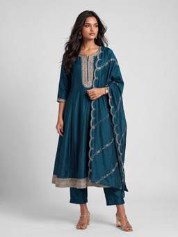 max - Teal Embroidered A-Line Anarkali Kurta and Pant with Dupatta