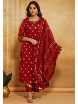DHANNAK - Red Brocade Silk Chanderi Kurta with Pant and Dupatta
