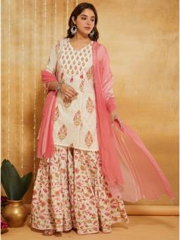 DHANNAK - Pink Pearl Floral Kurti with Sharara and Dupatta