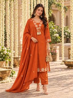 KAFTANIZE - Women Orange Embroidered V-Neck Kurta with Pant and Dupatta