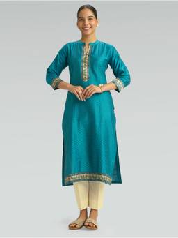 Women Plus - Blue Printed Viscose Silk Kurta
