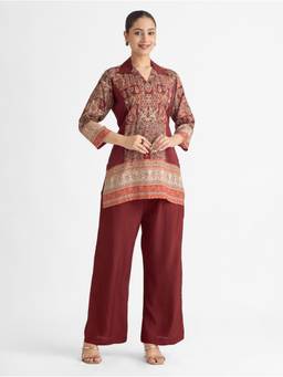 Women Plus - Maroon Embellished Digitally Printed Viscose Satin Silk Co-Ord Set