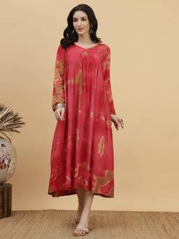 Maaesa - Red Handcrafted Tie and Dye Rayon Staple A-Line Dress