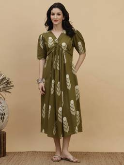 Maaesa - Olive Green Floral Printed Camric A-Line Dress