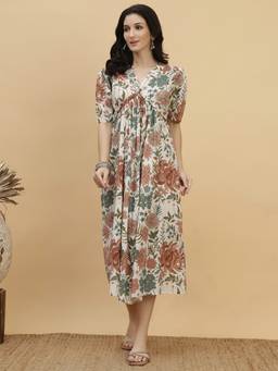 Maaesa - Multicolor Floral Printed Camric A-Line Dress