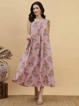 Maaesa - Pink Printed Camric A-Line Sleeveless Dress