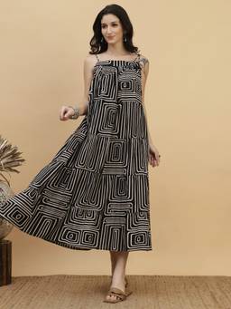Maaesa - Black Printed Camric A-Line Sleeveless Dress