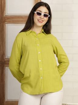 Maaesa - Women Green Solid Camric Spread Collar Full Sleeves Casual Shirt