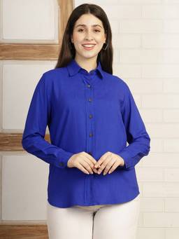 Maaesa - Women Blue Solid Camric Spread Collar Full Sleeves Casual Shirt