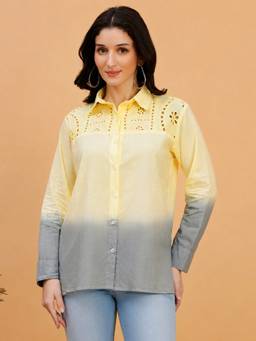 Maaesa - Women Yellow Hand Ombre Camric Spread Collar Full Sleeves Casual Shirt