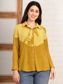 Maaesa - Women Mustard Hand Tie and Dye Rayon Staple Spread Collar Full Sleeves Casual Shirt