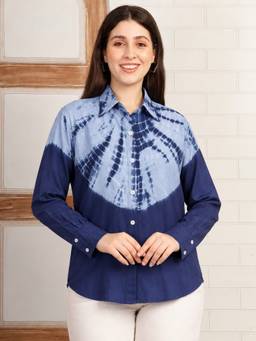 Maaesa - Women Navy Blue Tie and Dye Rayon Staple Spread Collar Full Sleeves Casual Shirt
