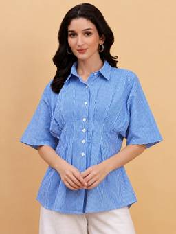 Maaesa - Women Striped Camric Spread Collar Half Sleeves Casual Shirt