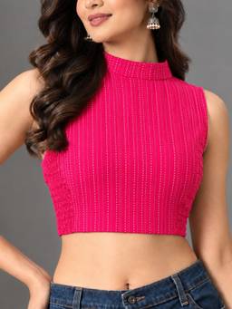 MYSHKA - Pink Cotton Halter Neck Sleeveless Saree Blouse