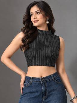 MYSHKA - Black Cotton Halter Neck Sleeveless Saree Blouse