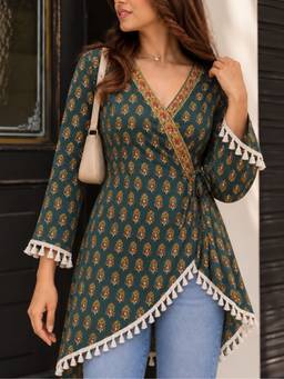 MYSHKA - Women Green Long Bell Sleeves Cotton Ethnic Printed High Low Kurti