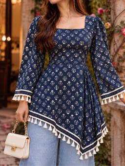 MYSHKA - Women Blue Long Bell Sleeves Cotton Ethnic Printed Short Kurti
