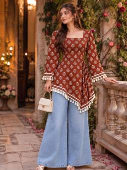 MYSHKA - Women Red Long Bell Sleeves Cotton Ethnic Printed Short Kurti