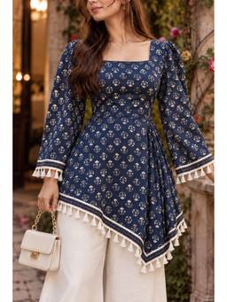 MYSHKA - Women Blue Printed Cotton Kurta with Palazzo