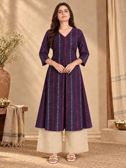 MYSHKA - Women Purple Woven Design Cotton Long Kurta with Palazzo