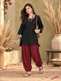 MYSHKA - Women Black Cotton Blend Solid Kurta with Salwar