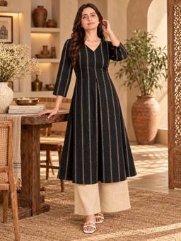 MYSHKA - Women Black Woven Design Cotton Kurta with Palazzo