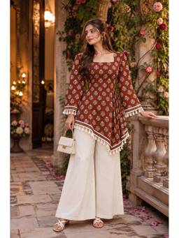 MYSHKA - Women Red Printed Cotton Kurta with Palazzo