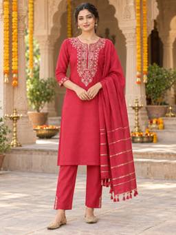 Nayam by lakshita - Women Red Embroidered Straight Kurta with Pant and Dupatta