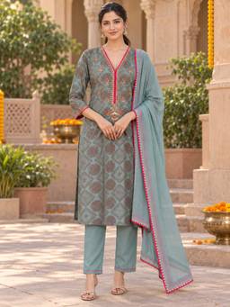 Nayam by lakshita - Women Blue Printed Straight Kurta with Pant and Dupatta