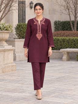Nayam by lakshita - Women Wine Embroidered Straight Kurta with Pant